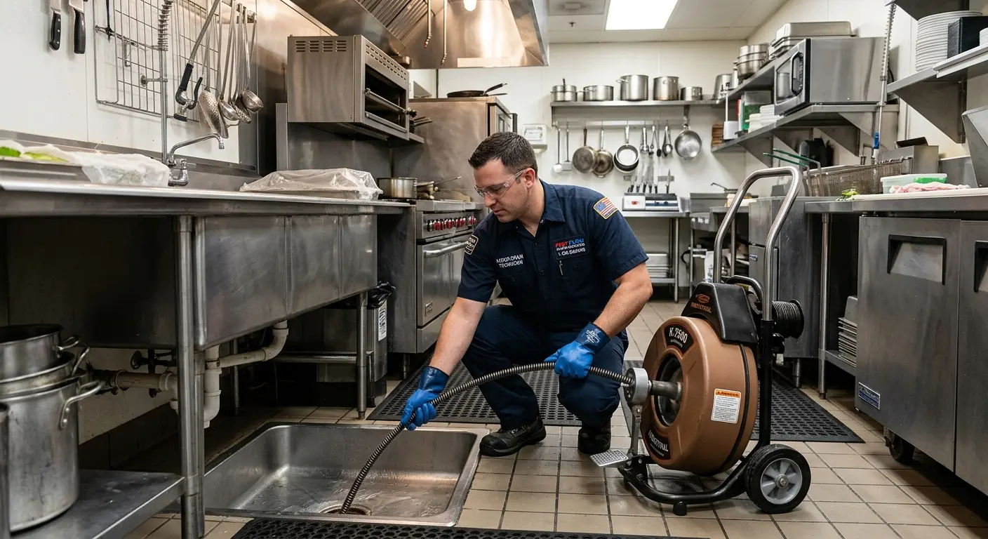 Commercial drain cleaning service in a restaurant kitchen in Forsyth